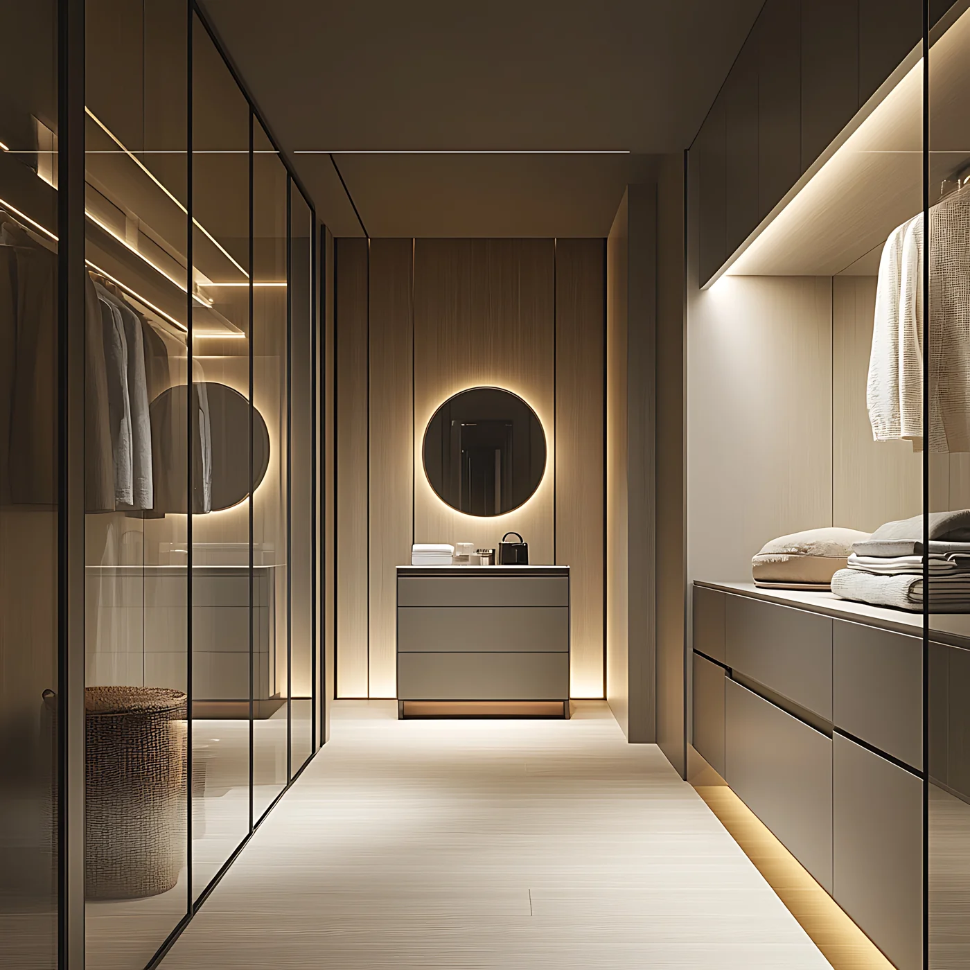 Warm contemporary bathroom with custom vanity and softly illuminated architectural details