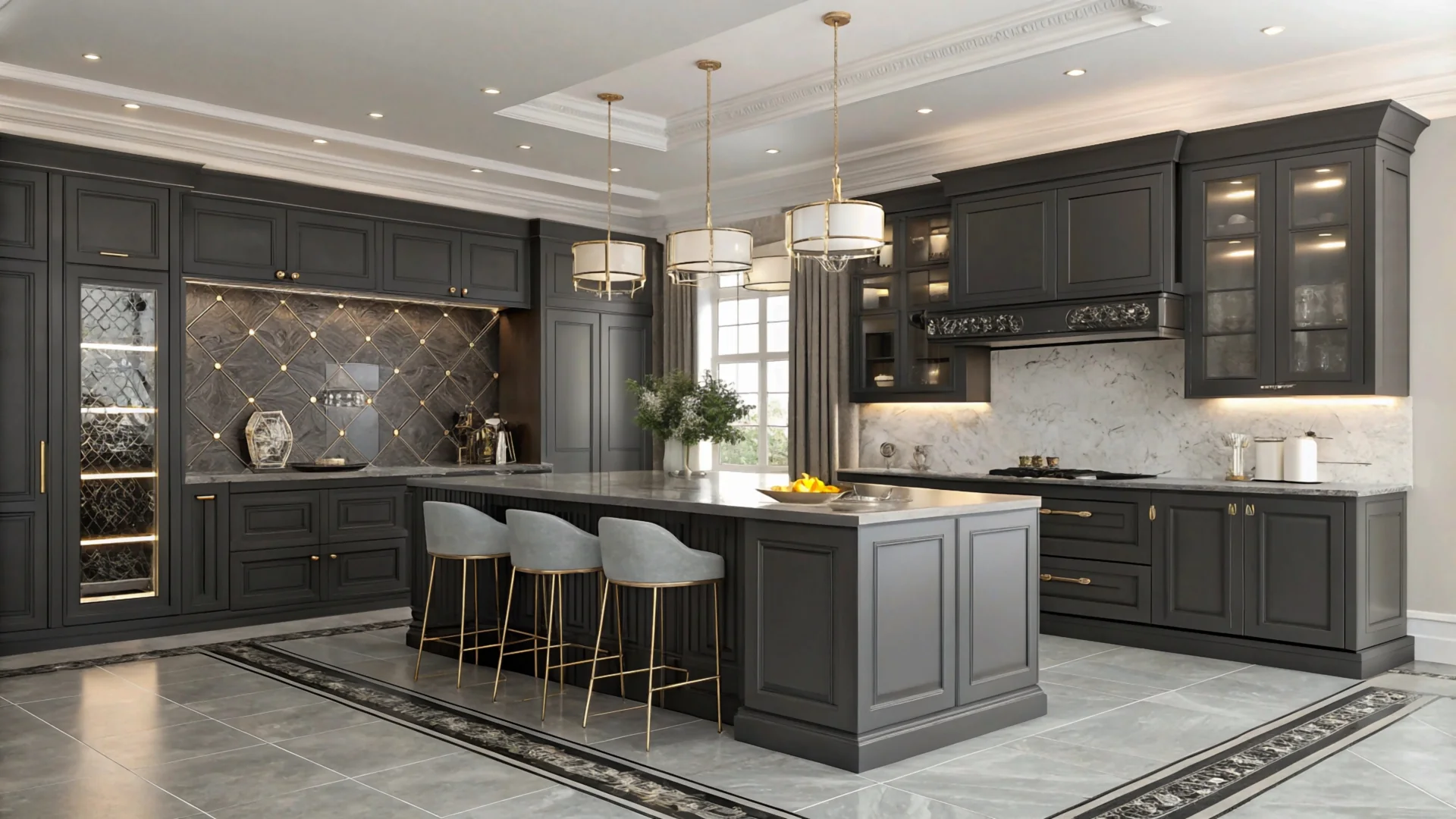 Charcoal kitchen cabinetry paired with a sculptural marble island